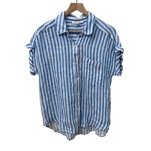 Workshop Republic Clothing Shirt Med Blue White Striped Linen Short Sleeve Top